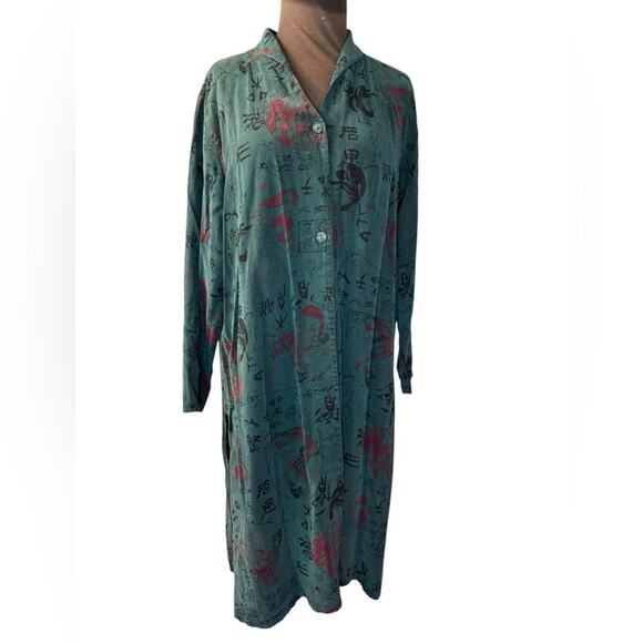 Vtg 90s Asian Print Tunic Shirt Dress Size S Oversized Calligraphy Dragon Koi - Picture 1 of 10